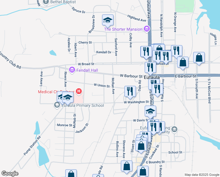 map of restaurants, bars, coffee shops, grocery stores, and more near 511 West Union Street in Eufaula