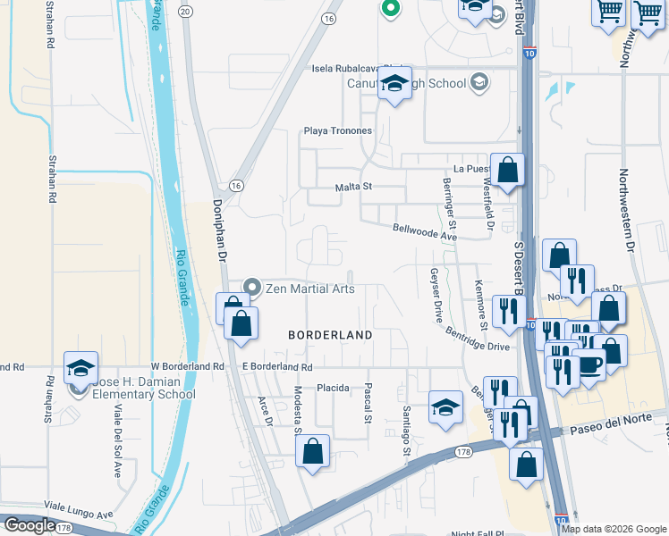 map of restaurants, bars, coffee shops, grocery stores, and more near 261 Easy Way in El Paso