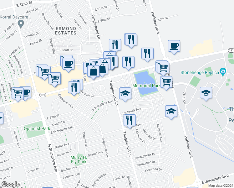 map of restaurants, bars, coffee shops, grocery stores, and more near 4000 Tanglewood Lane in Odessa