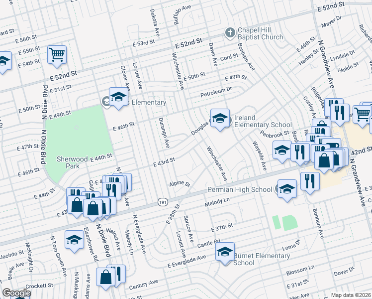 map of restaurants, bars, coffee shops, grocery stores, and more near 1521 East 43rd Street in Odessa