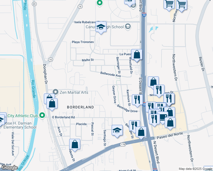 map of restaurants, bars, coffee shops, grocery stores, and more near 6545 Latimer Place in El Paso
