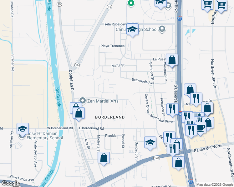 map of restaurants, bars, coffee shops, grocery stores, and more near 261 Easy Way in El Paso