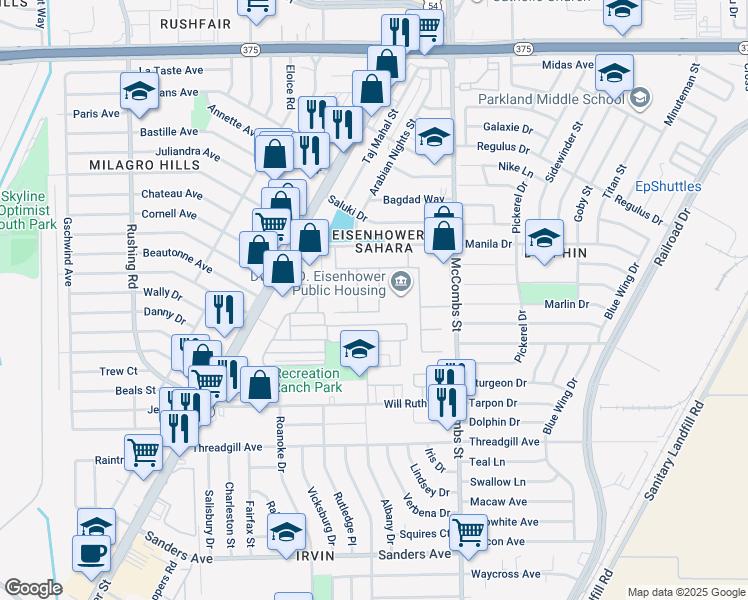 map of restaurants, bars, coffee shops, grocery stores, and more near 48 Trident Place in El Paso
