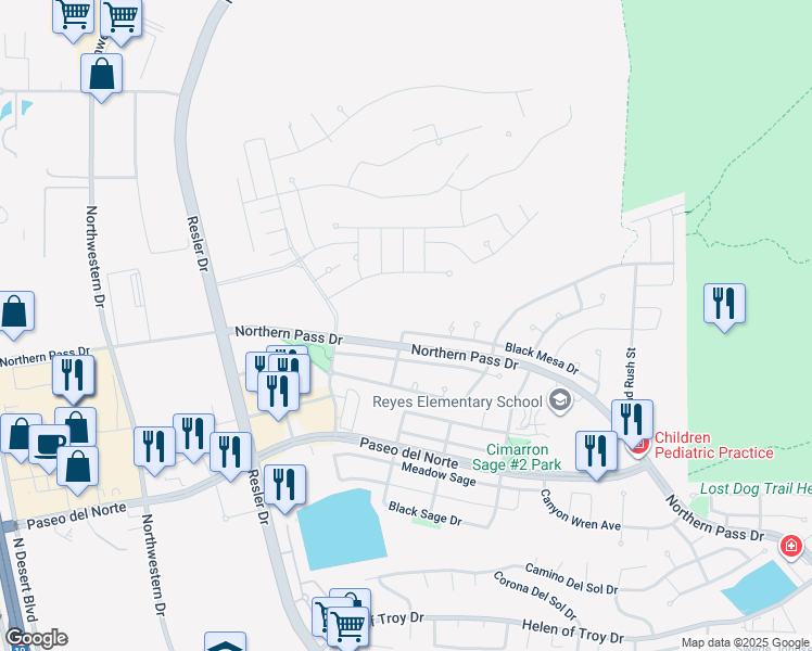 map of restaurants, bars, coffee shops, grocery stores, and more near 7379 Black Mesa Drive in El Paso