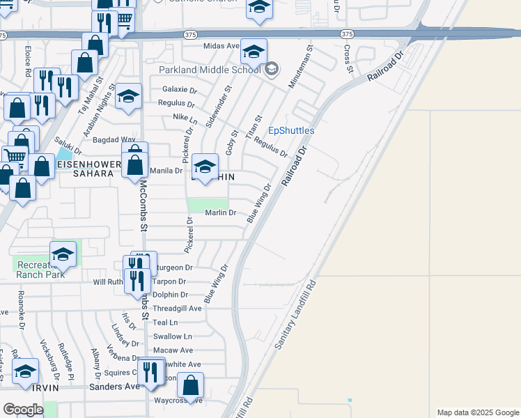 map of restaurants, bars, coffee shops, grocery stores, and more near 9736 Blue Wing Drive in El Paso