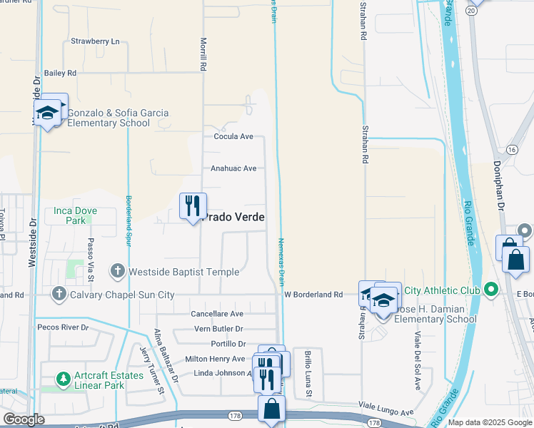 map of restaurants, bars, coffee shops, grocery stores, and more near 6515 Upper Valley Road in El Paso