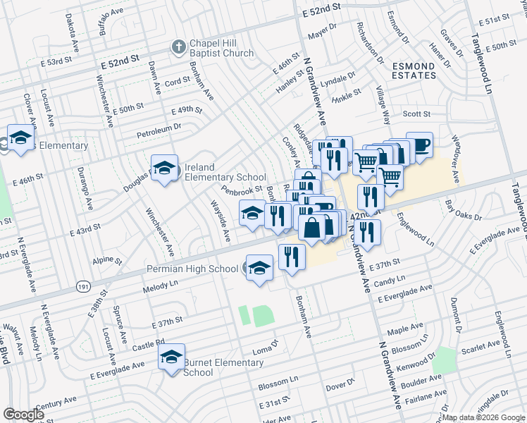 map of restaurants, bars, coffee shops, grocery stores, and more near 4214 Waverly Avenue in Odessa