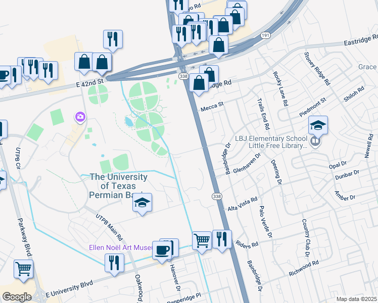 map of restaurants, bars, coffee shops, grocery stores, and more near UTPB Park Drive in Odessa