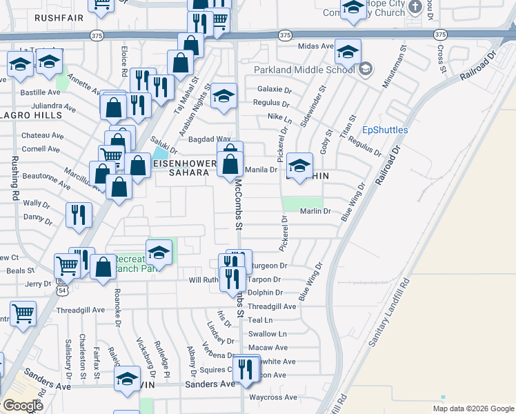 map of restaurants, bars, coffee shops, grocery stores, and more near 5817 Marlin Drive in El Paso
