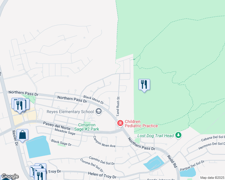 map of restaurants, bars, coffee shops, grocery stores, and more near 7301 Kiowa Creek Drive in El Paso