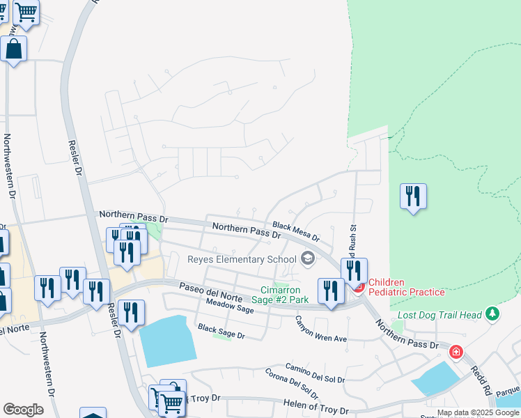 map of restaurants, bars, coffee shops, grocery stores, and more near 1694 Catesby Way in El Paso