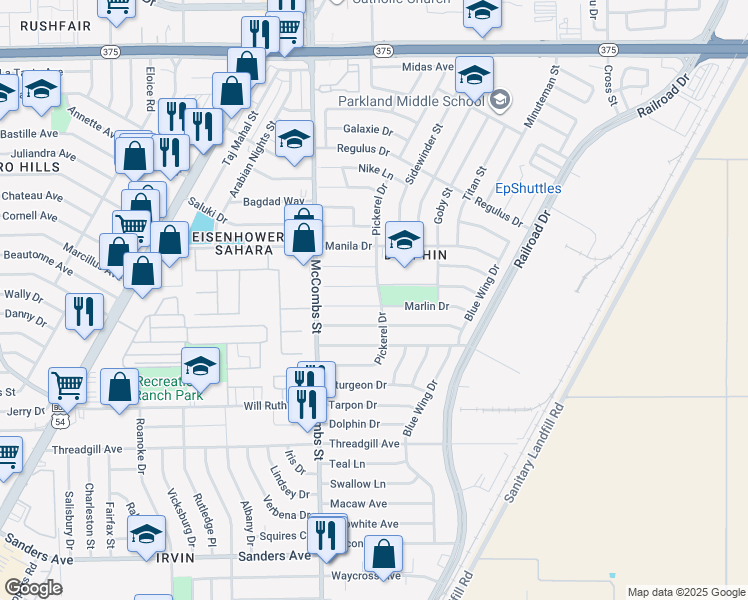 map of restaurants, bars, coffee shops, grocery stores, and more near 5841 Marlin Drive in El Paso