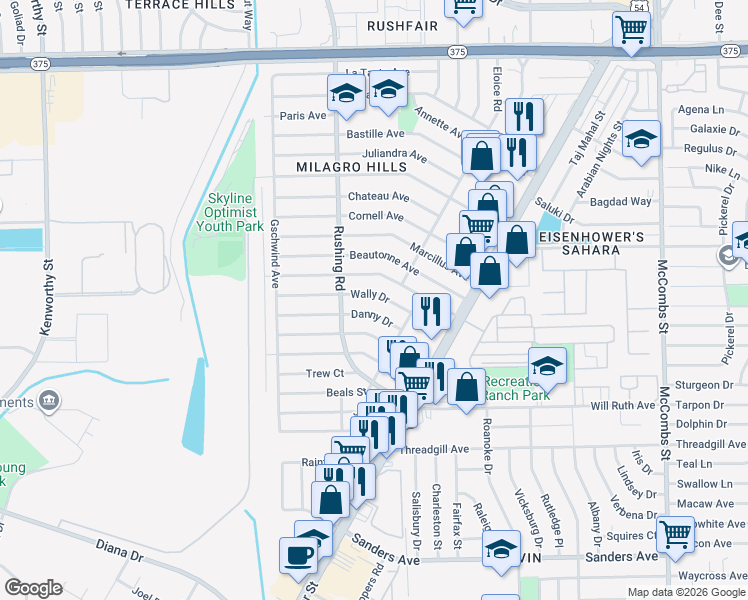 map of restaurants, bars, coffee shops, grocery stores, and more near 5210 Wally Drive in El Paso