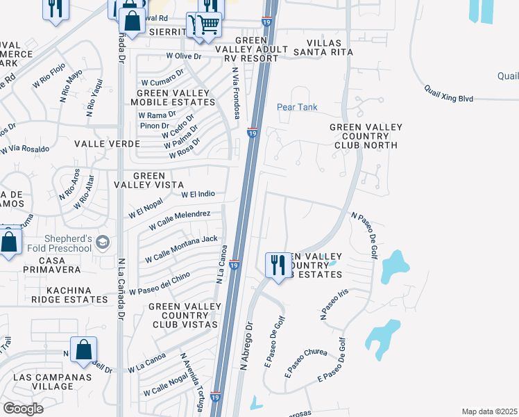 map of restaurants, bars, coffee shops, grocery stores, and more near 1321 North Paseo Maravilloso in Green Valley