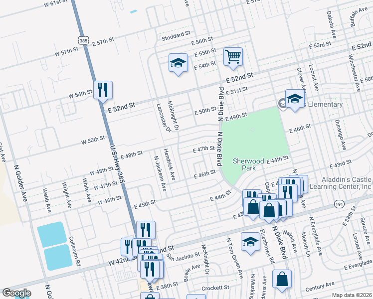 map of restaurants, bars, coffee shops, grocery stores, and more near 405 East 47th Street in Odessa