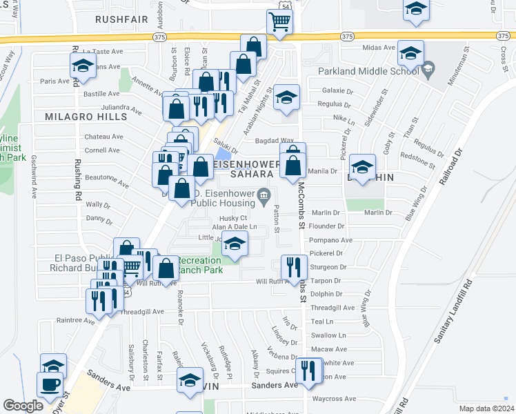 map of restaurants, bars, coffee shops, grocery stores, and more near 48 Trident Place in El Paso