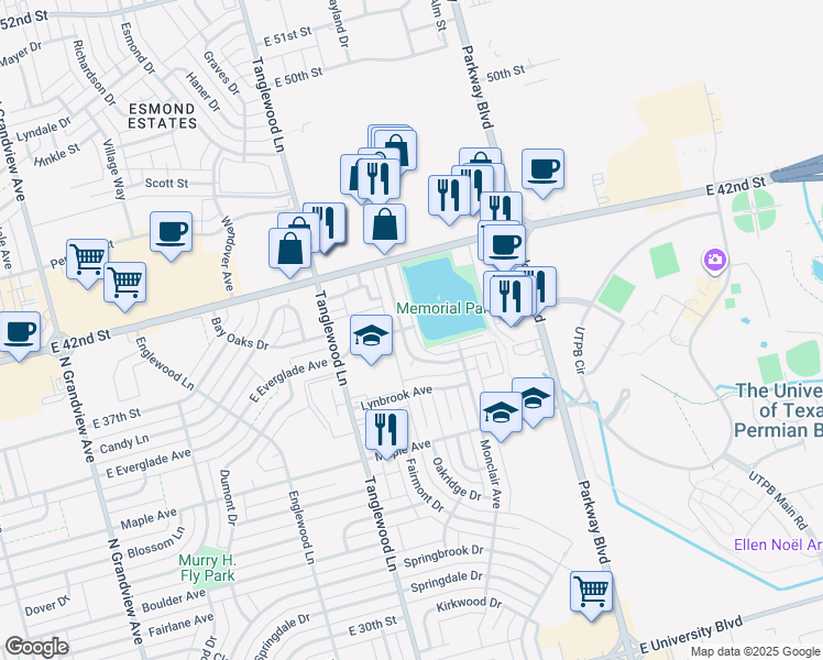 map of restaurants, bars, coffee shops, grocery stores, and more near 3998 Lakeside Drive in Odessa