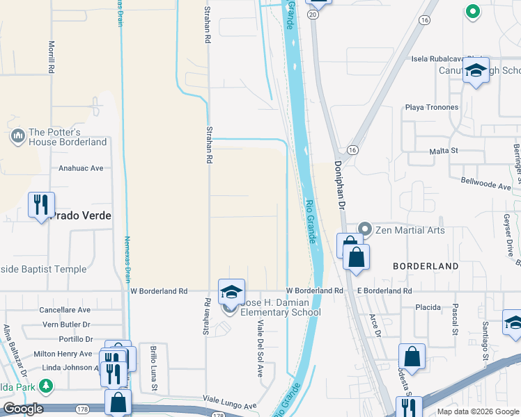 map of restaurants, bars, coffee shops, grocery stores, and more near Borderland Rd in El Paso
