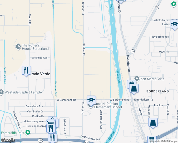 map of restaurants, bars, coffee shops, grocery stores, and more near 6476 Strahan Road in El Paso