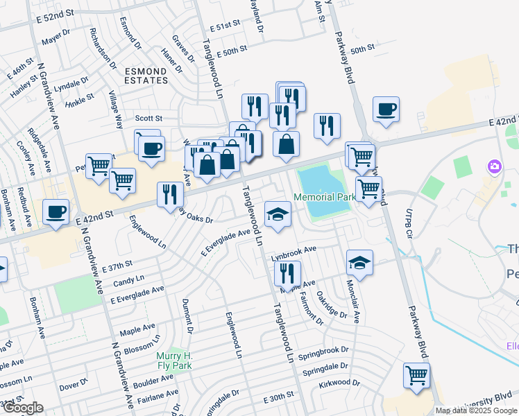 map of restaurants, bars, coffee shops, grocery stores, and more near 4000 Tanglewood Lane in Odessa