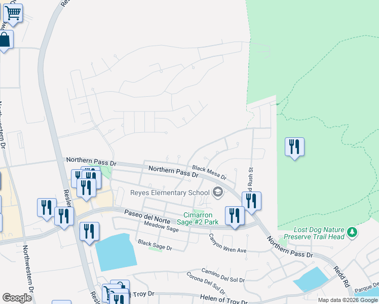 map of restaurants, bars, coffee shops, grocery stores, and more near 7340 Brays Landing Drive in El Paso