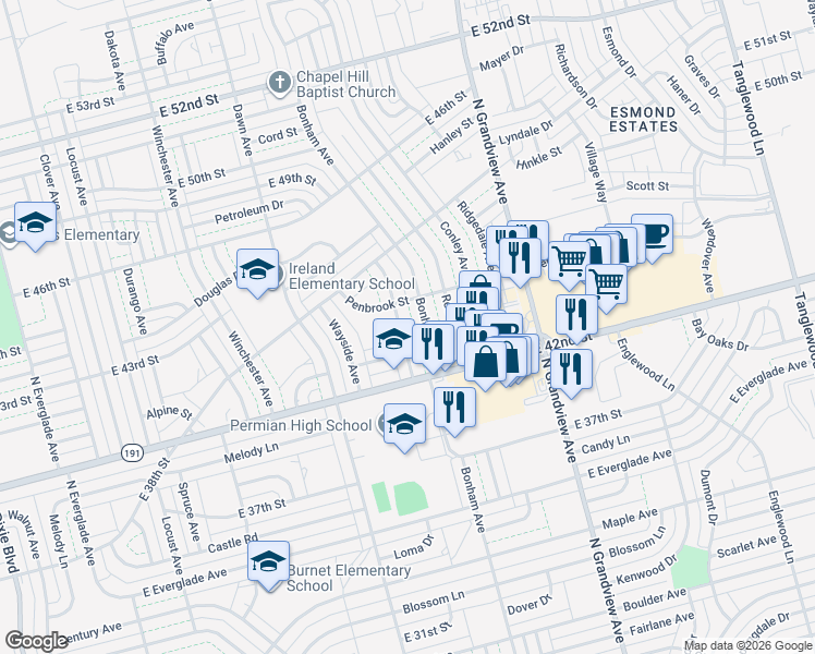 map of restaurants, bars, coffee shops, grocery stores, and more near 4214 Waverly Ave in Odessa