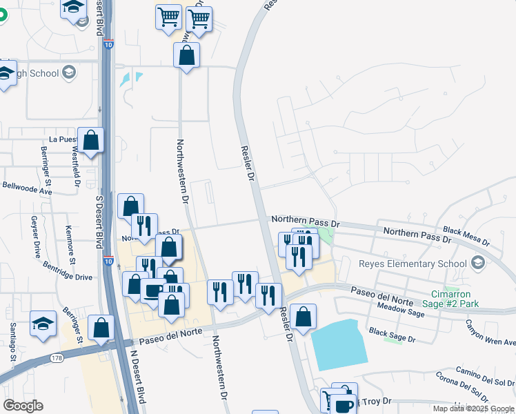map of restaurants, bars, coffee shops, grocery stores, and more near 1575 North Resler Drive in El Paso