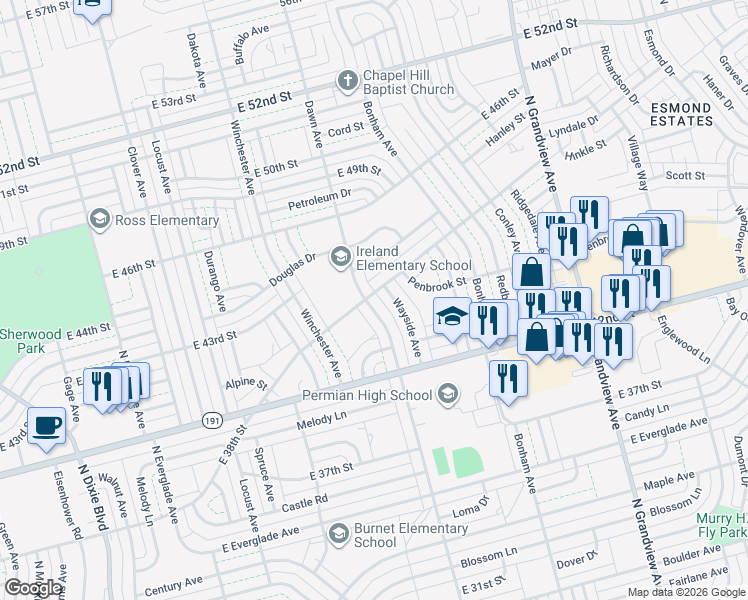map of restaurants, bars, coffee shops, grocery stores, and more near 4221 Dawn Avenue in Odessa