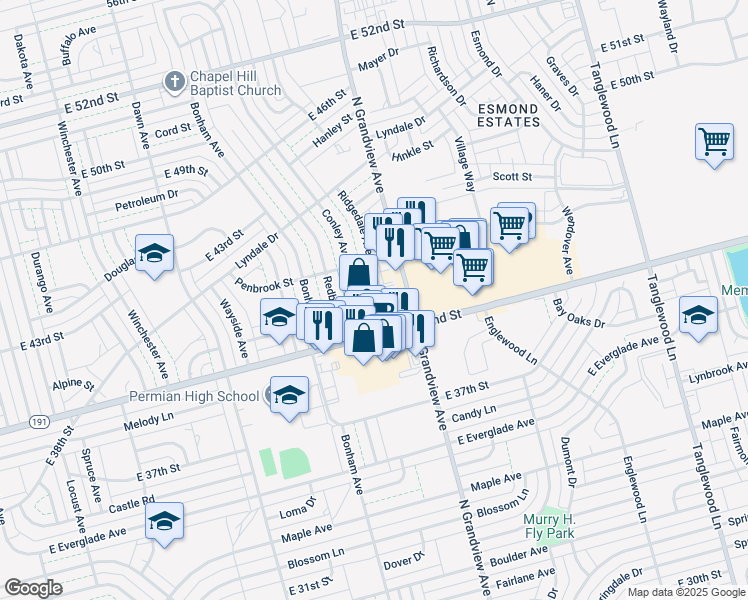 map of restaurants, bars, coffee shops, grocery stores, and more near 2119 East 42nd Street in Odessa