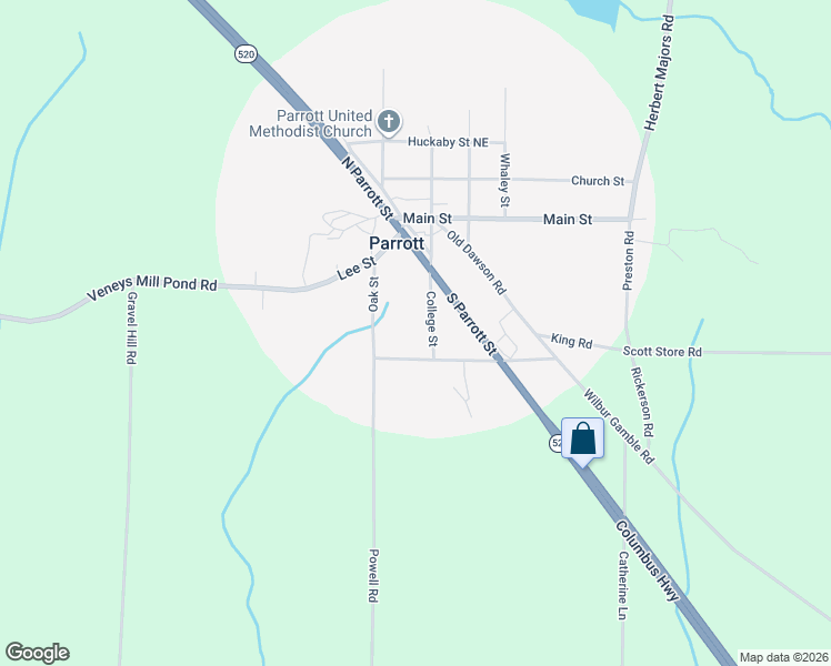 map of restaurants, bars, coffee shops, grocery stores, and more near Pecan Street in Parrott
