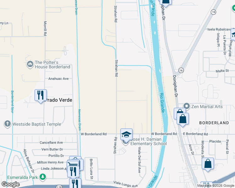 map of restaurants, bars, coffee shops, grocery stores, and more near 6476 Strahan Road in El Paso