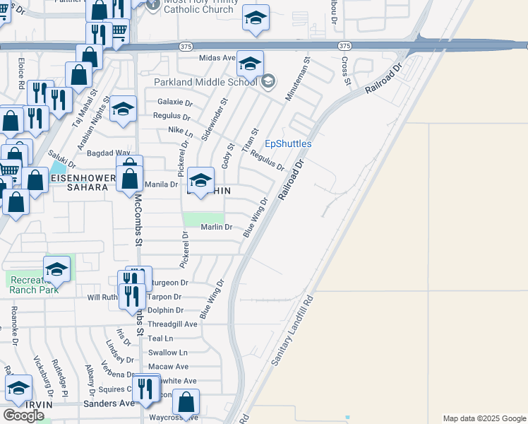 map of restaurants, bars, coffee shops, grocery stores, and more near 9736 Blue Wing Drive in El Paso