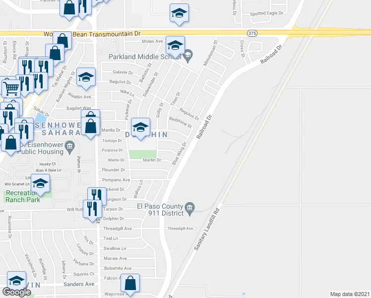 map of restaurants, bars, coffee shops, grocery stores, and more near 9736 Blue Wing Drive in El Paso