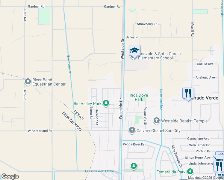 map of restaurants, bars, coffee shops, grocery stores, and more near 6515 Upper Valley Road in El Paso