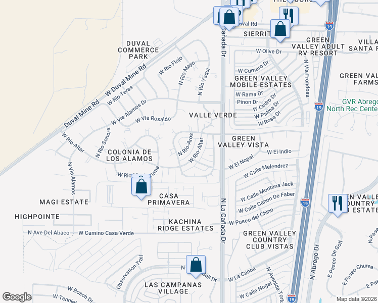 map of restaurants, bars, coffee shops, grocery stores, and more near 1445 North Rio Aros in Green Valley