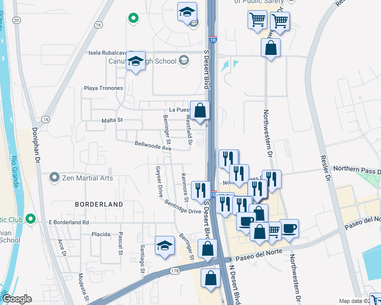 map of restaurants, bars, coffee shops, grocery stores, and more near 436 Bellwoode Avenue in El Paso