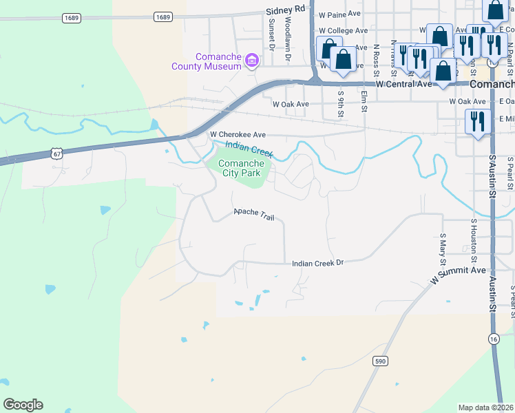 map of restaurants, bars, coffee shops, grocery stores, and more near 500 Apache Trail in Comanche