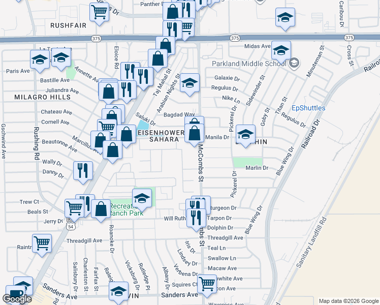 map of restaurants, bars, coffee shops, grocery stores, and more near 9795 McCombs Street in El Paso