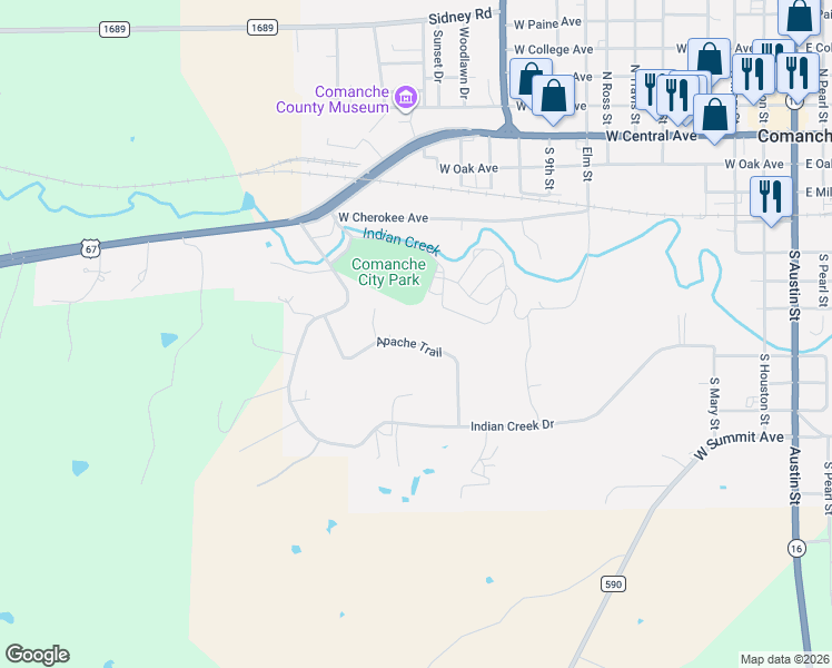 map of restaurants, bars, coffee shops, grocery stores, and more near 500 Apache Trail in Comanche