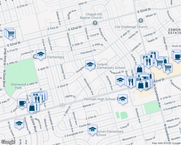 map of restaurants, bars, coffee shops, grocery stores, and more near 4301 Dawn Avenue in Odessa
