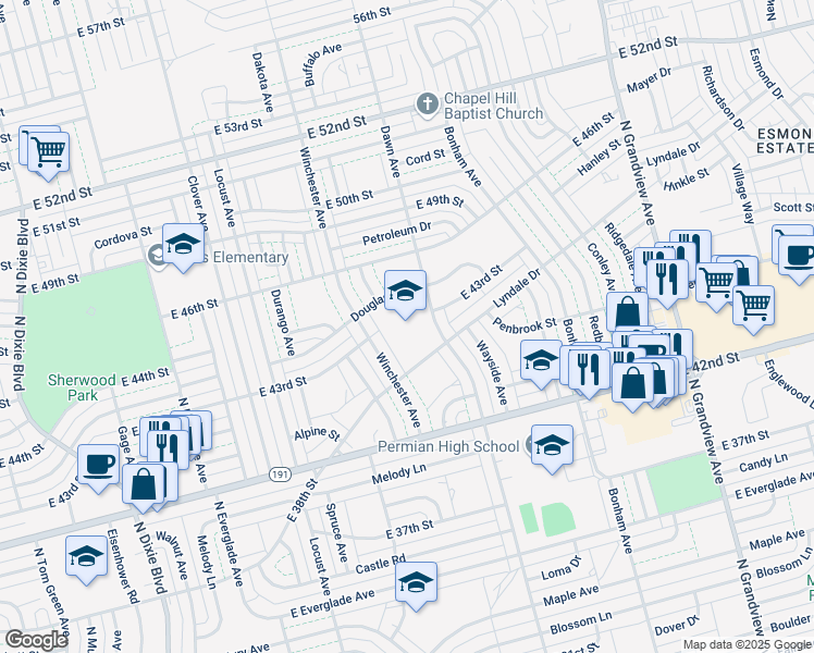 map of restaurants, bars, coffee shops, grocery stores, and more near 4301 Dawn Avenue in Odessa