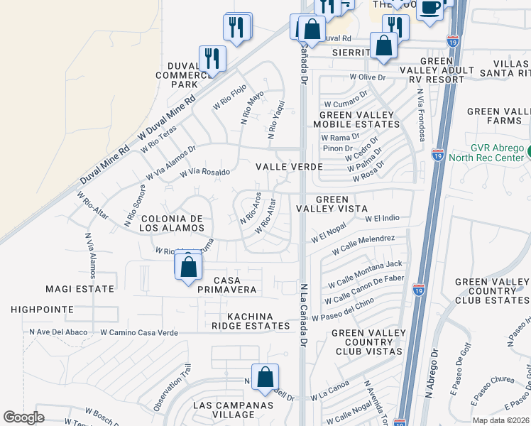 map of restaurants, bars, coffee shops, grocery stores, and more near 386 West Rio-Altar in Green Valley