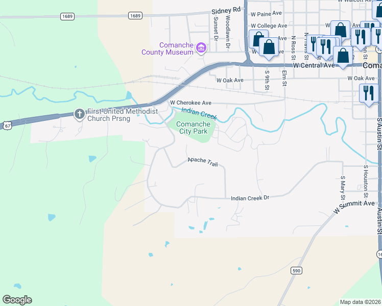 map of restaurants, bars, coffee shops, grocery stores, and more near 102 Choctaw Trail in Comanche