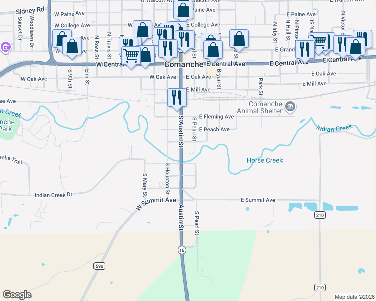 map of restaurants, bars, coffee shops, grocery stores, and more near 803 South Austin Street in Comanche