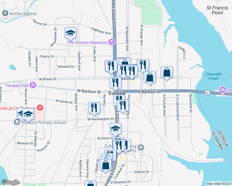 map of restaurants, bars, coffee shops, grocery stores, and more near U.S. 431 in Eufaula