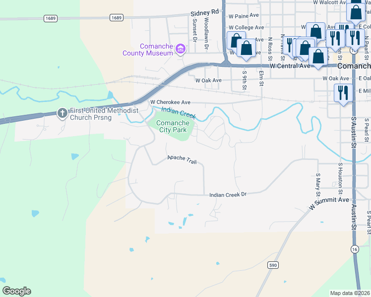 map of restaurants, bars, coffee shops, grocery stores, and more near 102 Choctaw Trail in Comanche