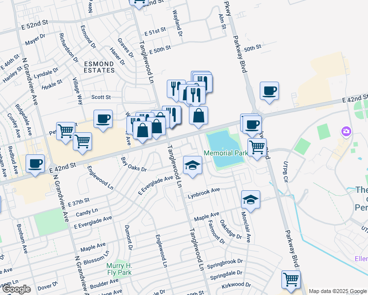map of restaurants, bars, coffee shops, grocery stores, and more near 4100 Tanglewood Lane in Odessa