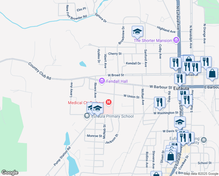 map of restaurants, bars, coffee shops, grocery stores, and more near 823 West Barbour Street in Eufaula