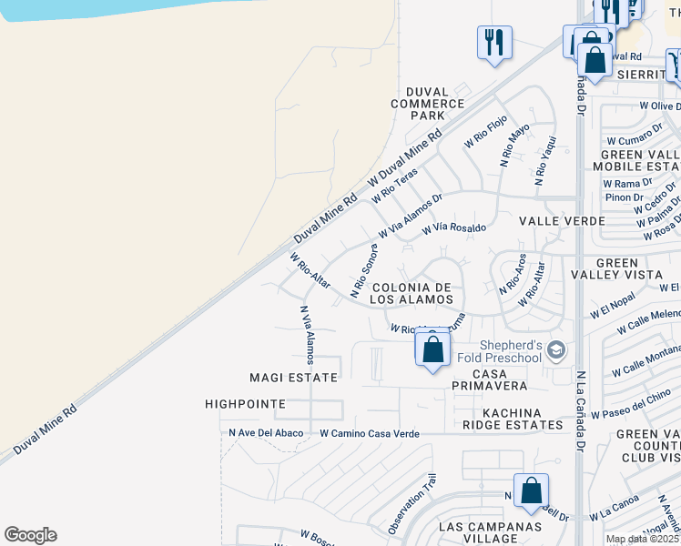 map of restaurants, bars, coffee shops, grocery stores, and more near 936 West Vía Pitic in Green Valley
