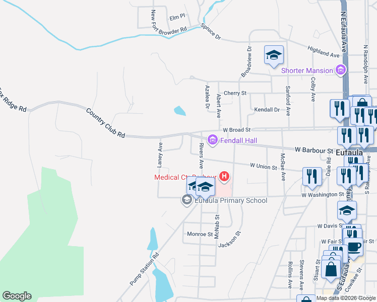 map of restaurants, bars, coffee shops, grocery stores, and more near 1105 Doren Dr in Eufaula